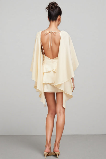 Lyssty White Shawl Panel Ruffled Satin Mini Dress