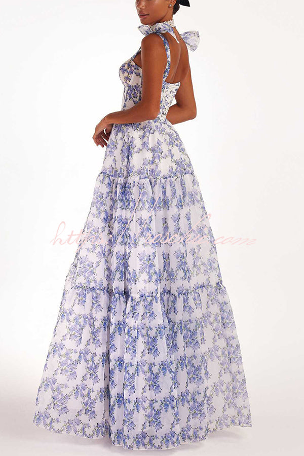 Fairytale Itself Organza Print Tie Strap Maxi Dress