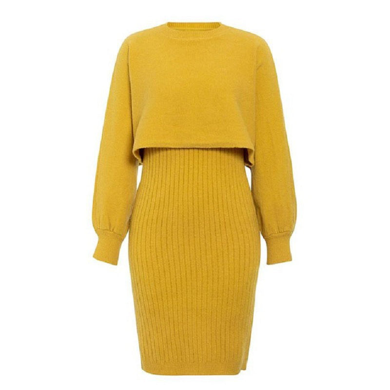 Knitted Dress Two Piece Set Autumn Winter Color Pullover Sweater