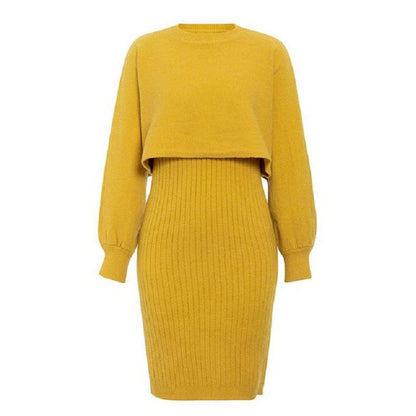 Knitted Dress Two Piece Set Autumn Winter Color Pullover Sweater