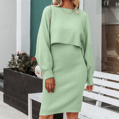 Knitted Dress Two Piece Set Autumn Winter Color Pullover Sweater