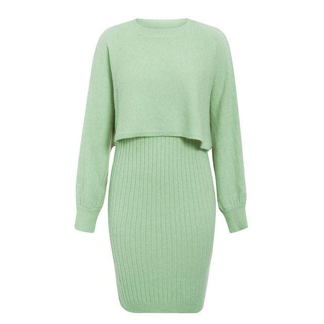 Knitted Dress Two Piece Set Autumn Winter Color Pullover Sweater