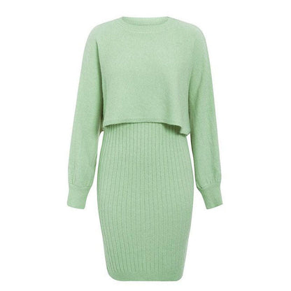 Knitted Dress Two Piece Set Autumn Winter Color Pullover Sweater