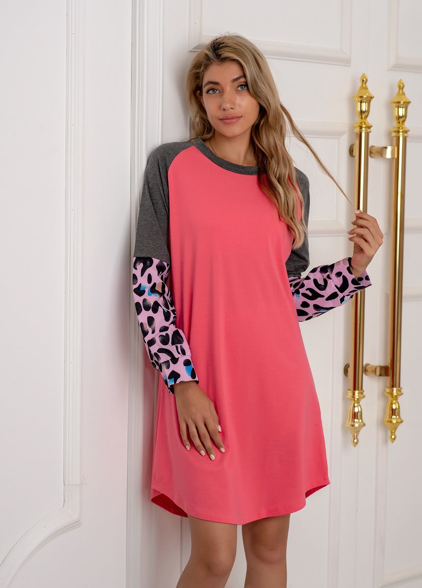 Autumn Clothing Simple Round Neck Loose Patchwork Sweater Dress