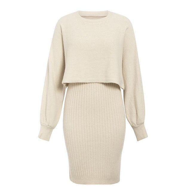 Knitted Dress Two Piece Set Autumn Winter Color Pullover Sweater