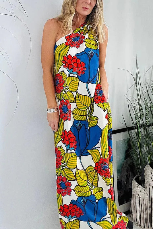 Unique Printed One Shoulder Pocketed Loose Maxi Dress