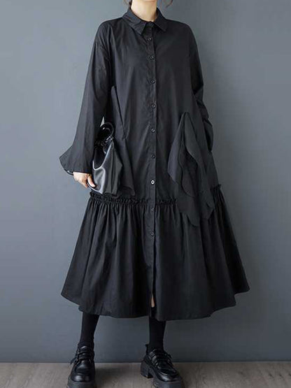 A-line Long Sleeves Buttoned Pleated Pockets Color Split-joint Lapel Midi Dresses