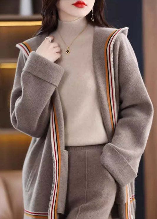 Camel Pockets Cashmere Hooded Cardigans Fall Wv017