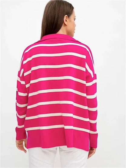V-neck Knit Pullover for Striped Slim Long Sleeve Contrast Loose Sweater High Street Knitwear Pullover Top