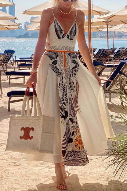 Classic Unique Printed Iinen V-neck Bow Tie Waist Maxi Dress