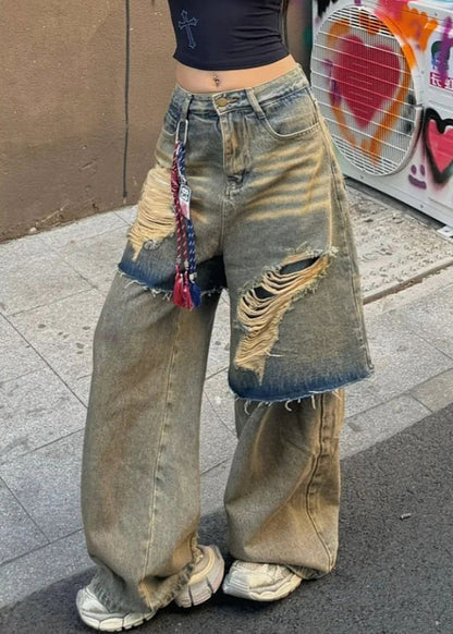 Blue High Waist Fake Two Pieces Hole Denim Pants Fall Wd031