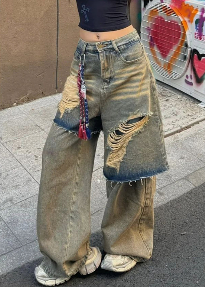 Blue High Waist Fake Two Pieces Hole Denim Pants Fall Wd031