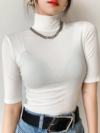 Basic Cotton T Shirt Turtleneck Slim Tshirt Short Sleeve T-shirts Female Elasticity White Tee Shirt Femme Woman Top
