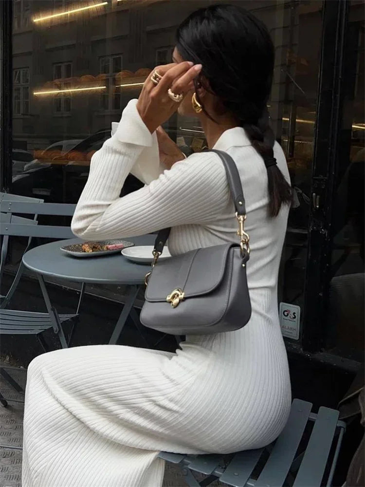 White High Waist Knitwear Dress Rib Lapel Autumn Slim Long Dress Knit Party Dress