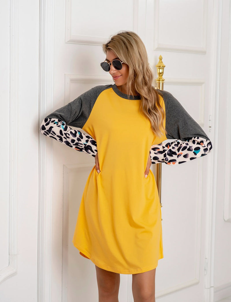Autumn Clothing Simple Round Neck Loose Patchwork Sweater Dress