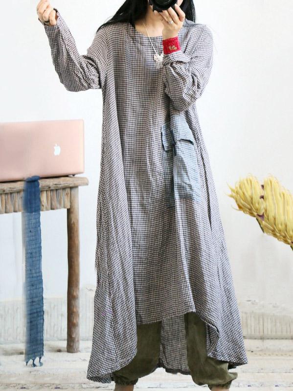 Loose Linen Plaid Round-neck Long Dress