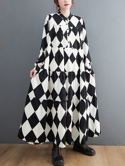 A-line Long Sleeves Buttoned Plaid Polo Midi Dresses