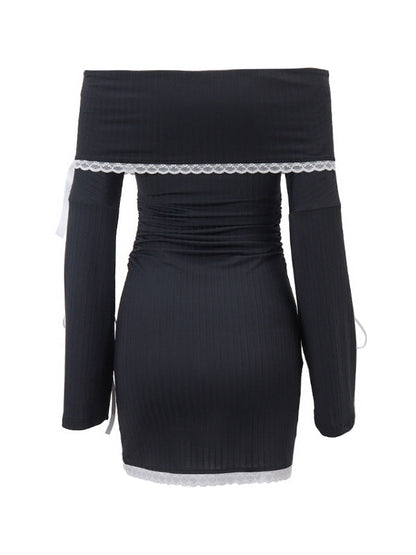 Off Shoulder Tie Up Long Sleeve Mini Dress With Lace Splice