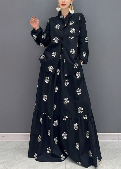 Boutique Black Stand Collar Print Patchwork Cotton Two-piece Set Fall Ao1016