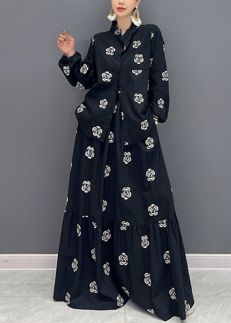 Boutique Black Stand Collar Print Patchwork Cotton Two-piece Set Fall Ao1016
