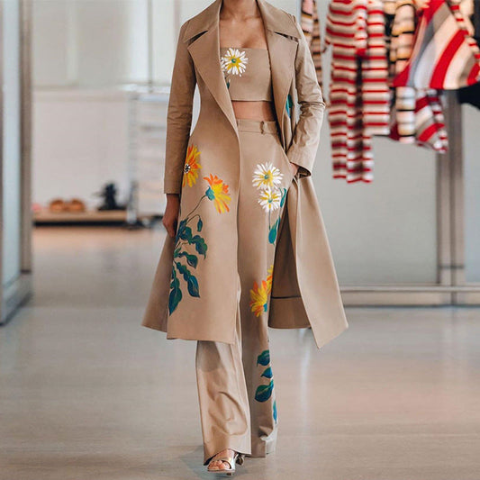 Clothing Autumn Winter Long Print Trench Coat Coat Set