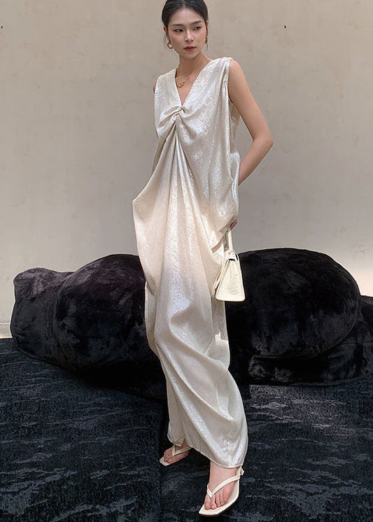 French Beige V Neck Wrinkled Silk Long Dress Sleeveless Ee024