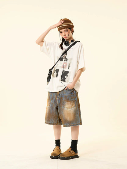 Distressed Denim Oversized Pocket Shorts