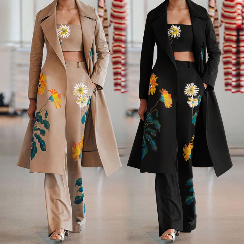 Clothing Autumn Winter Long Print Trench Coat Coat Set