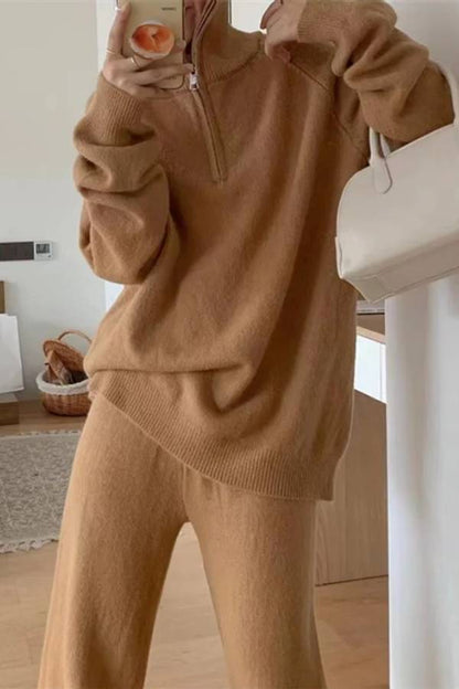 Lapel Sweater and Wide-leg Pants Two-piece Suit