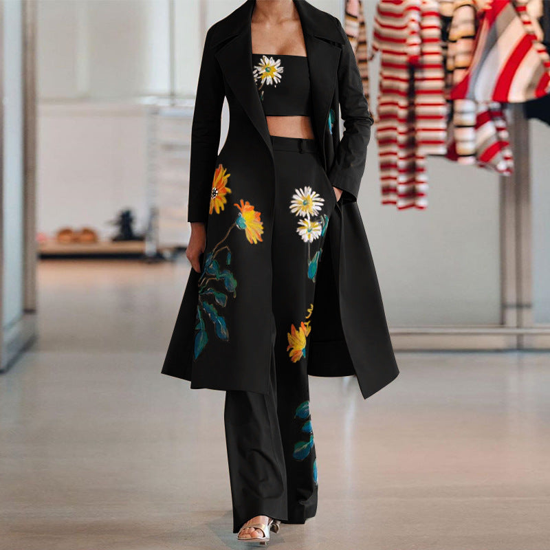 Clothing Autumn Winter Long Print Trench Coat Coat Set