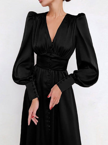 A-line High Waisted Buttoned Pleated Color V-neck Midi Dresses