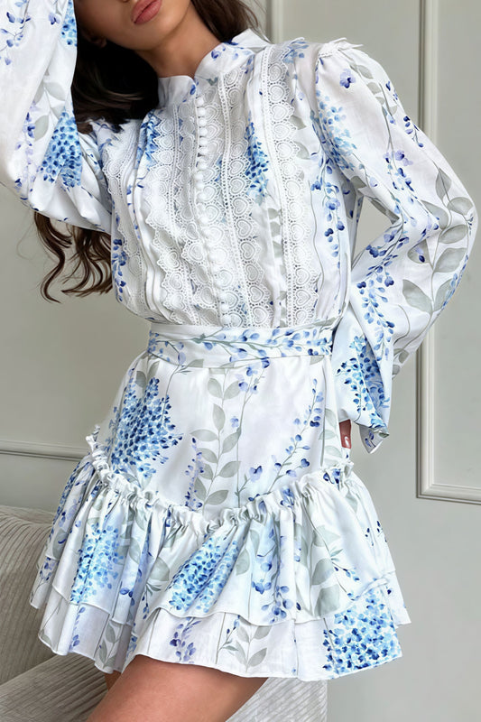 Print Stand Collar Puff Sleeve Ruffle Maxi Dress
