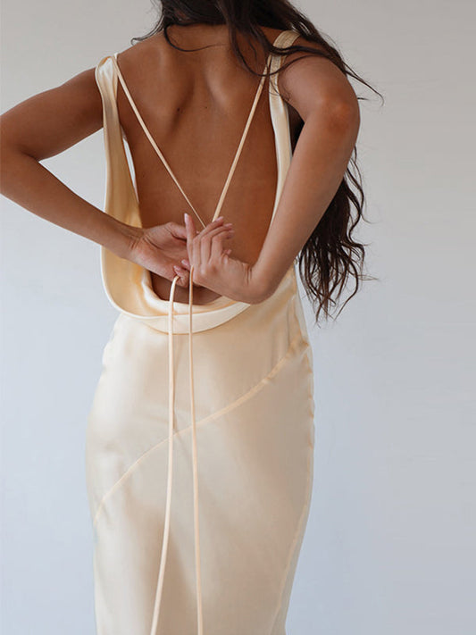 Champagne Satin Backless Tie Up Maxi Dress