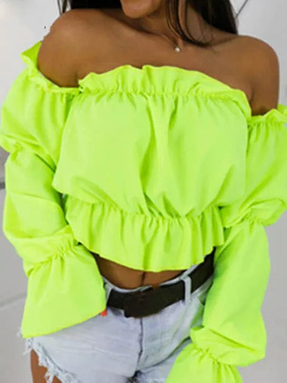 Candy Color Off Shoulder Crop Tops Summer Dot Print Lantern Sleeve Shirts Lady Slash Neck Beach Blouse