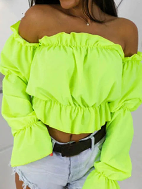 Candy Color Off Shoulder Crop Tops Summer Dot Print Lantern Sleeve Shirts Lady Slash Neck Beach Blouse
