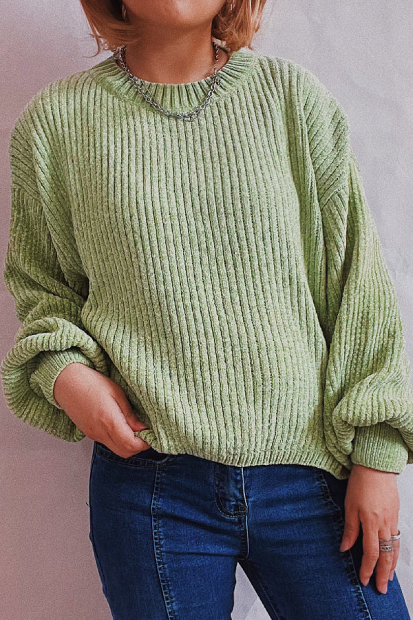 Color Round Neck Lantern Sleeve Short Knitted Sweater