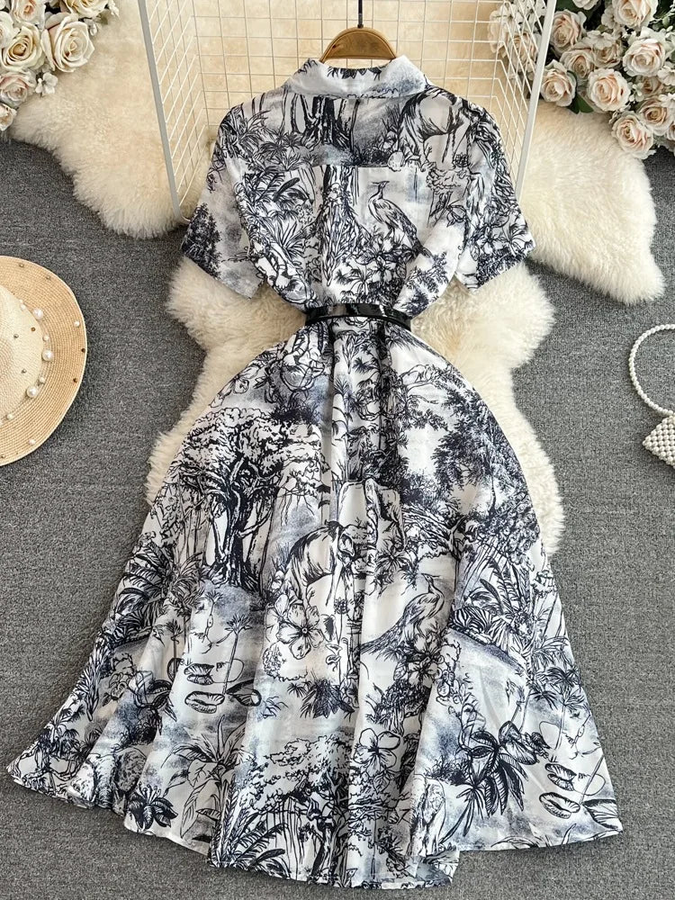 Summer Retro Shirt Dress Short Sleeved Lapel Single Breasted A-line Print Long Dresses Party Long Robe