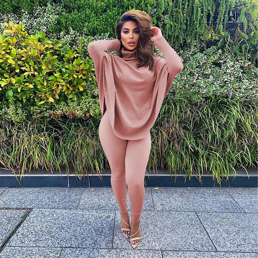 Winter Color Batwing Long Sleeve Two-piece Set Set