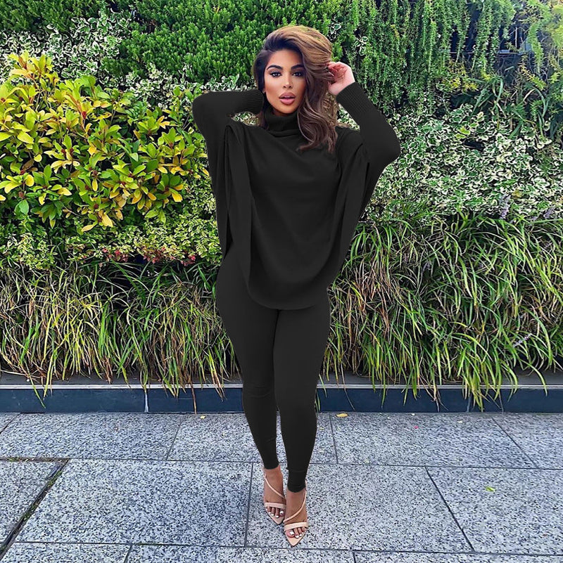 Winter Color Batwing Long Sleeve Two-piece Set Set
