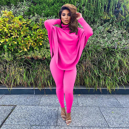 Winter Color Batwing Long Sleeve Two-piece Set Set