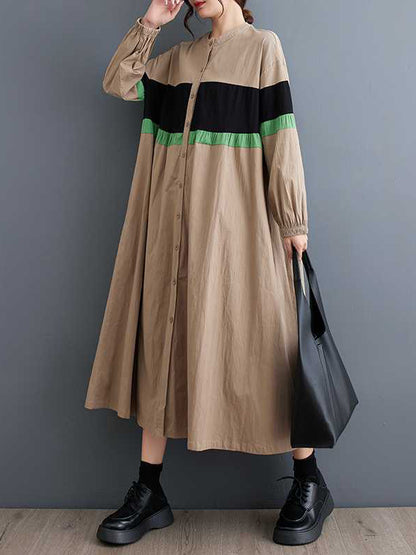 Long Sleeves Loose Buttoned Contrast Color Elasticity Split-joint Round-neck Midi Dresses