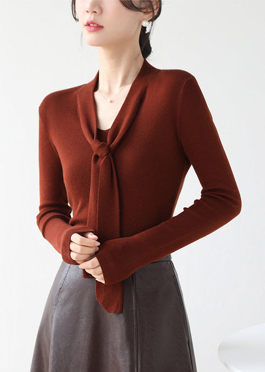 Fine Brown V Neck Lace Up Knit Sweater Fall Winter Rv030