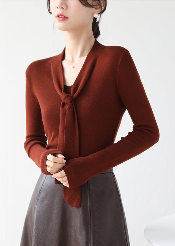 Fine Brown V Neck Lace Up Knit Sweater Fall Winter Rv030
