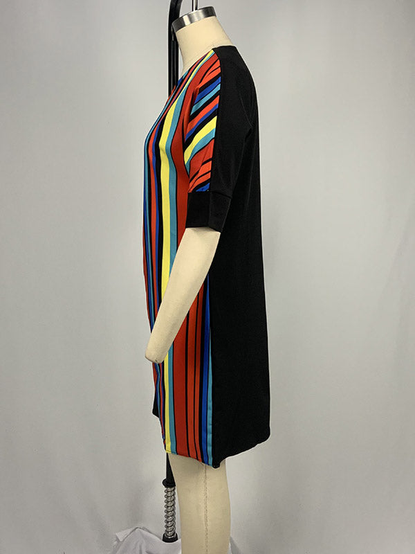 A-line Half Sleeves Asymmetric Contrast Color Striped Round-neck Mini Dresses