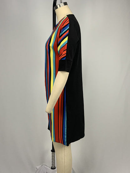 A-line Half Sleeves Asymmetric Contrast Color Striped Round-neck Mini Dresses