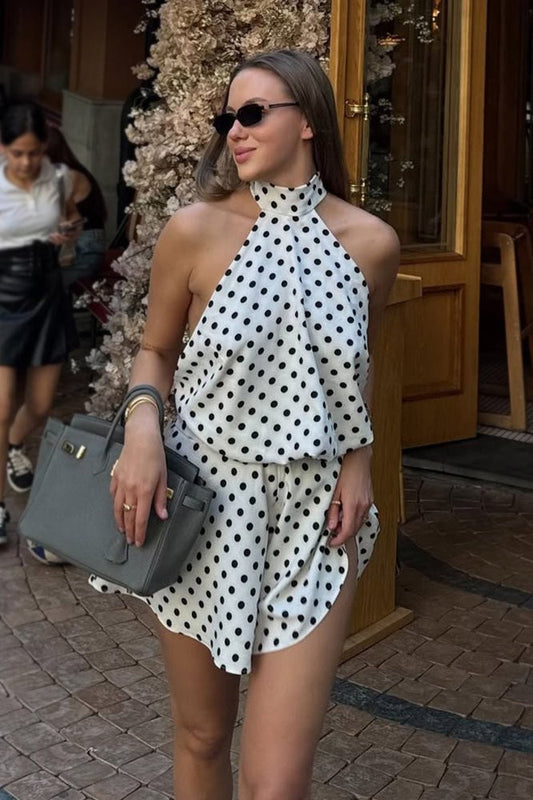 Polka Dot Halter Backless Tie Mini Dress