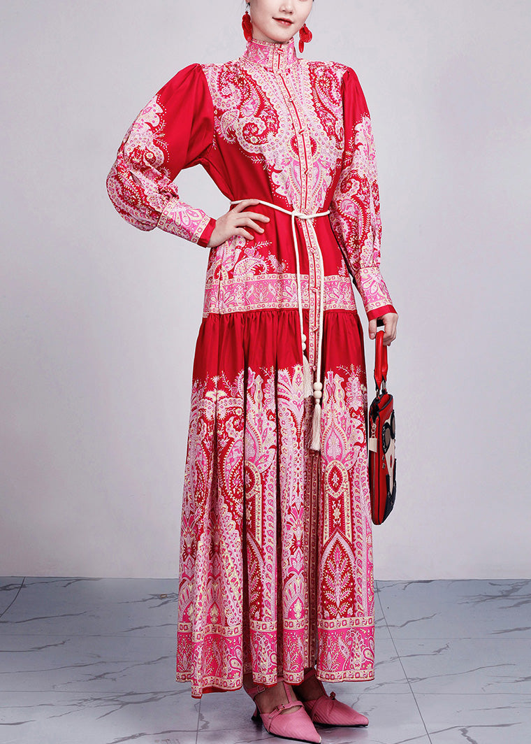 New Red Print Tie Waist Cotton Long Dresses Long Sleeve Ar1035