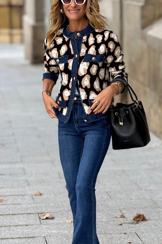 Button Cardigan With Printed Trim