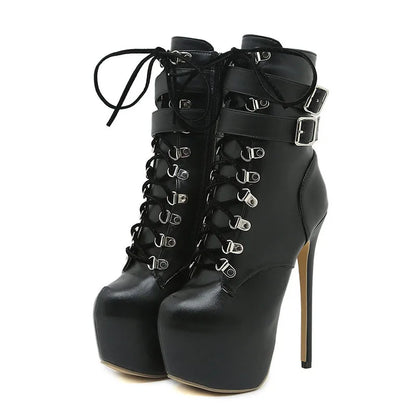 Liyke Buckle Strap Extreme High Heels Platform Boots – Round Toe Cross Lace Up Party Club Stripper Shoes