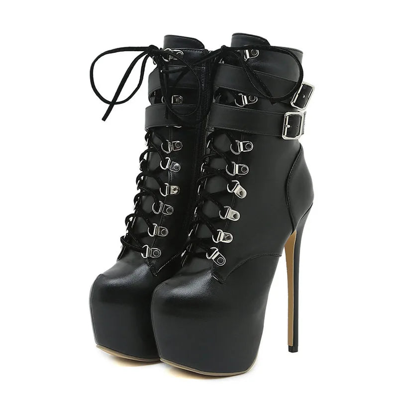 Liyke Buckle Strap Extreme High Heels Platform Boots – Round Toe Cross Lace Up Party Club Stripper Shoes